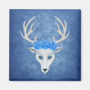 Mystical White Hjort Head Big Antlers Blue Ro Magnet