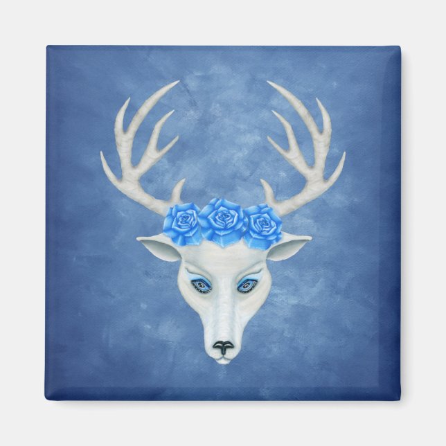 Mystical White Hjort Head Big Antlers Blue Ro Magnet (Framsidan)