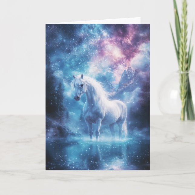 Mystical White Horse i ett Cosmic Dreamscape Kort (Framsida)