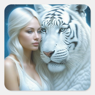 Mystical White Tiger och Woman Fyrkantigt Klistermärke
