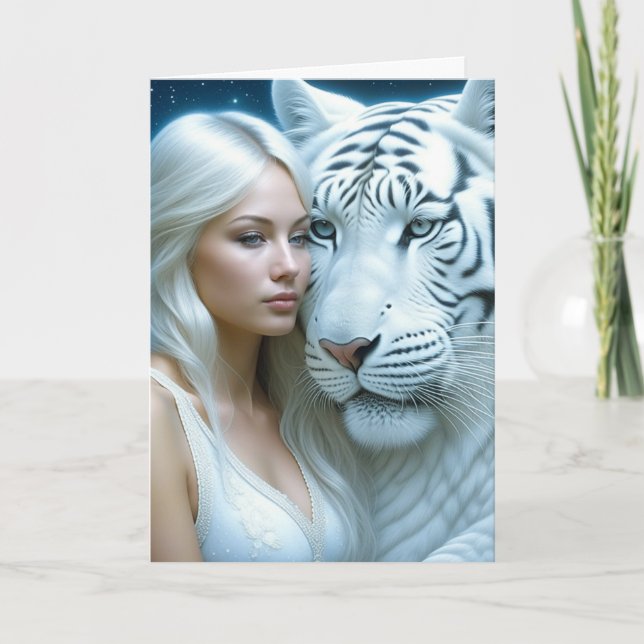 Mystical White Tiger och Woman Magic Birthday Kort (Framsida)