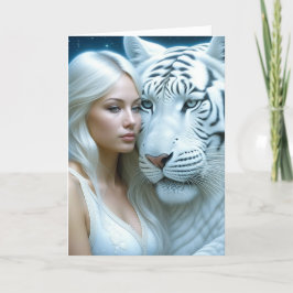 Mystical White Tiger och Woman Magic Birthday Kort