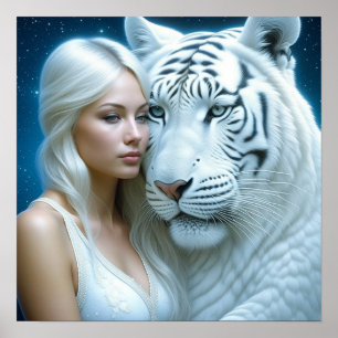 Mystical White Tiger och Woman Poster