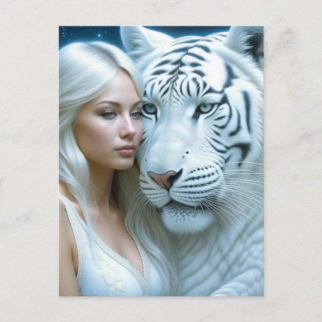 Mystical White Tiger och Woman Vykort (Framsida)