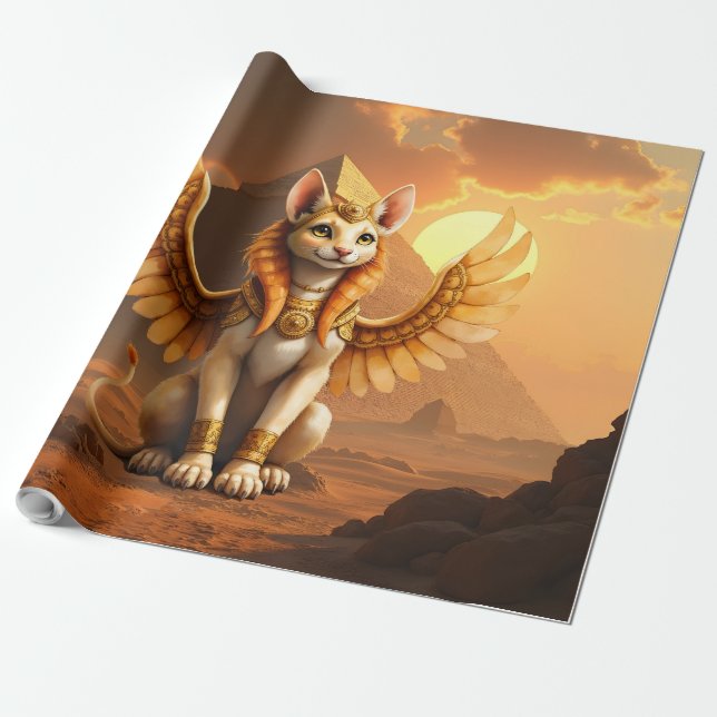 Mystical Winged Cat Sphinx - Egyptian Fantasy Art. Presentpapper (Utrullad)