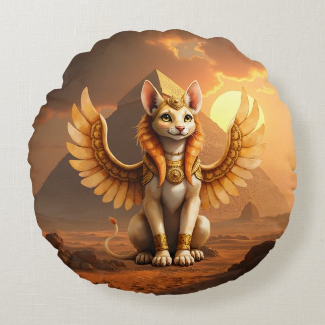 Mystical Winged Cat Sphinx - Egyptian Fantasy Art. Rund Kudde (Framsidan)