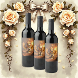 Mystical Winged Cat Sphinx - Egyptian Fantasy Art. Vinflaska Etikett