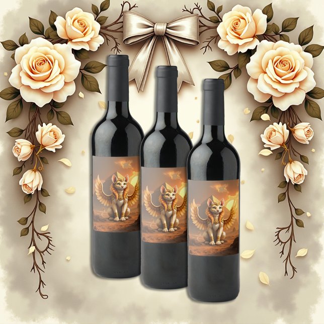 Mystical Winged Cat Sphinx - Egyptian Fantasy Art. Vinflaska Etikett (Skapare uppladdad)