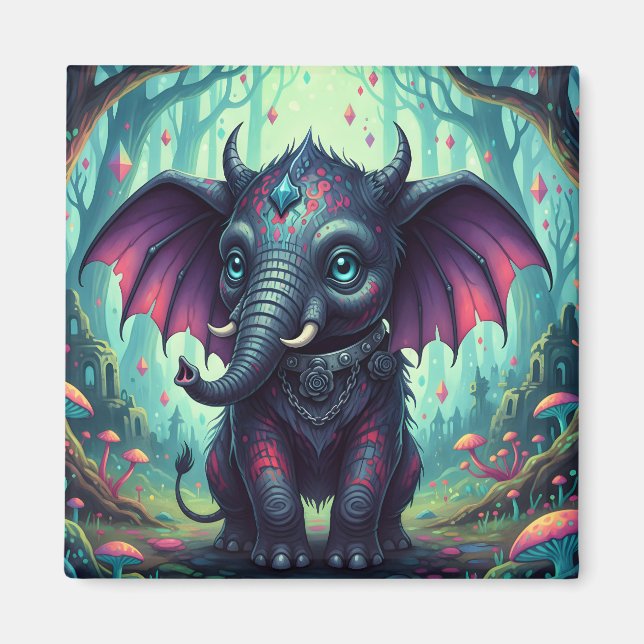 Mystical Winged Elephant in Enchanted Forest Magnet (Framsidan)