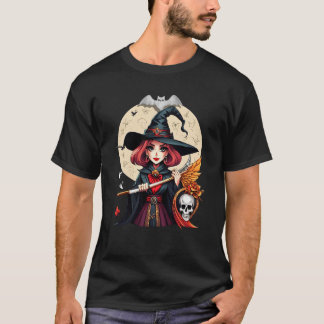 Mystical Witch Halloween Art med Skull och Måne T Shirt