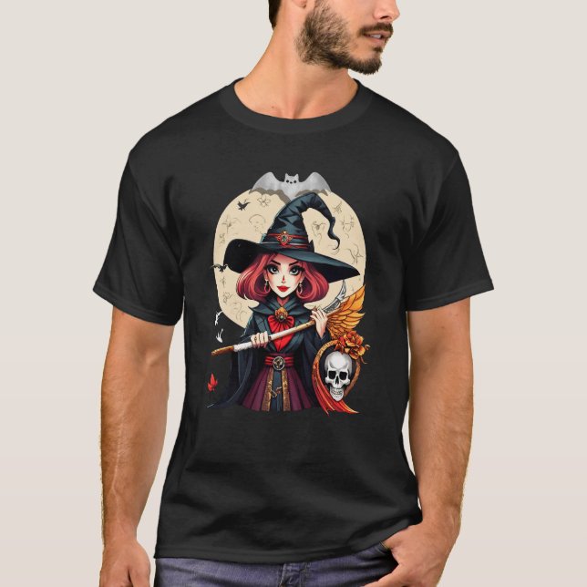 Mystical Witch Halloween Art med Skull och Måne T Shirt (Framsida)
