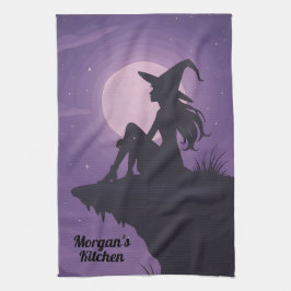 Mystical Witch Silhouette under Moonlight Gift Kökshandduk