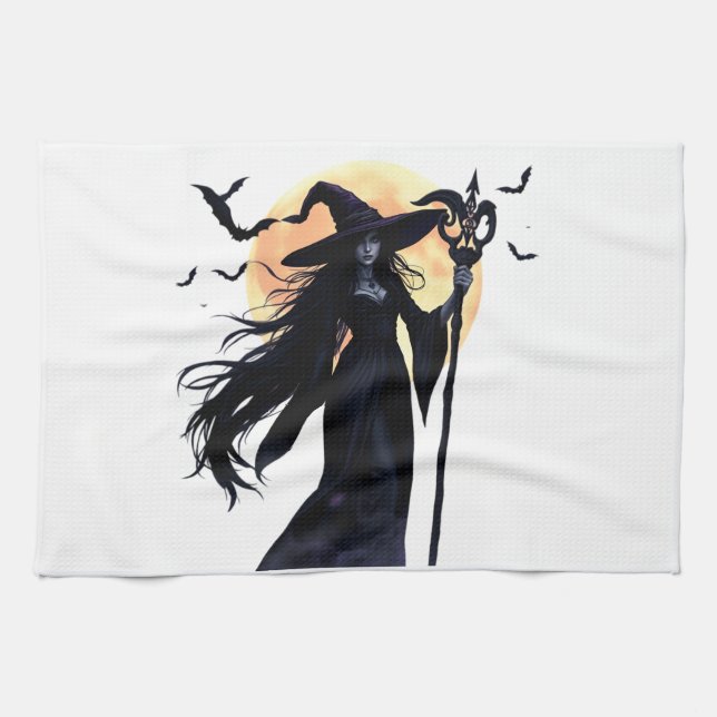 Mystical Witch under en hel måne Kökshandduk (Horisontell)