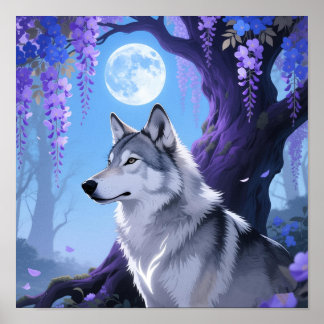Mystical Wolf and Wisteria Moon Fantasy Art Print Poster