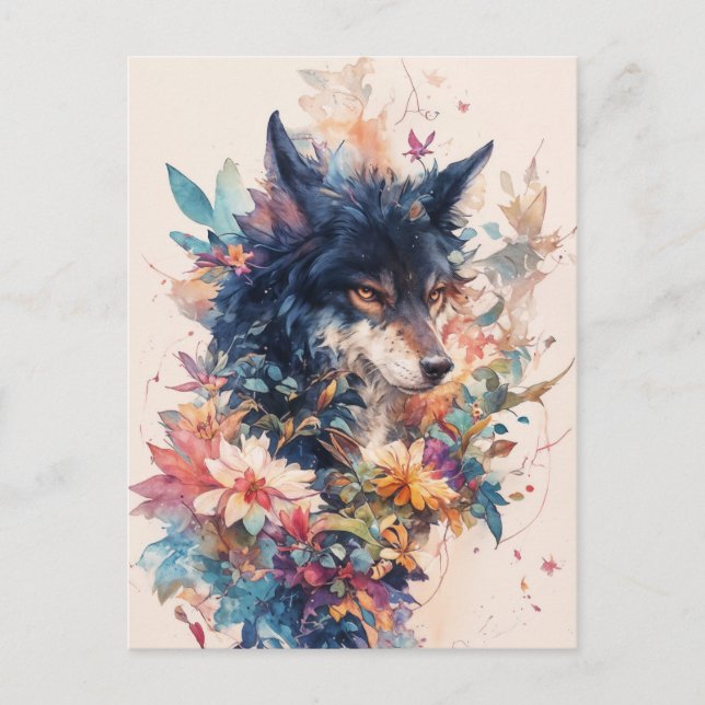 Mystical Wolf in Vibrant Watercolor Blooms Vykort (Framsida)