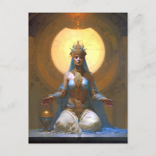 Mystical Woman Meditating Blue Guld Fantasy Art Vykort