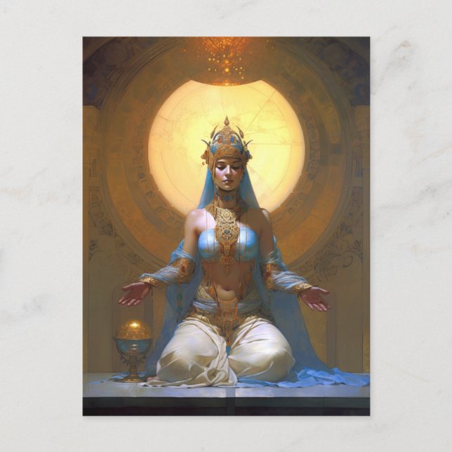 Mystical Woman Meditating Blue Guld Fantasy Art Vykort (Framsida)