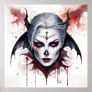 Mystical Woman Vampire Watercolor Halloween Poster