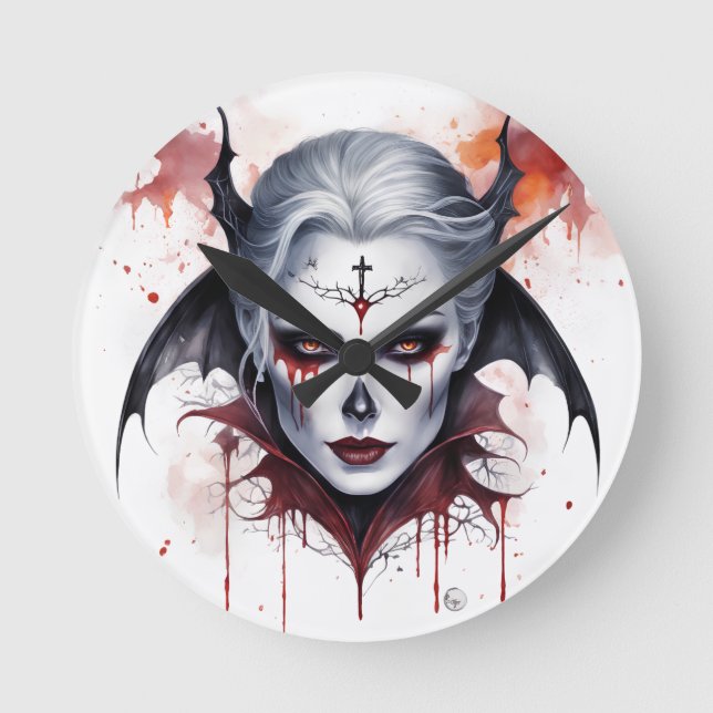 Mystical Woman Vampire Watercolor Halloween Rund Klocka (Framsida)