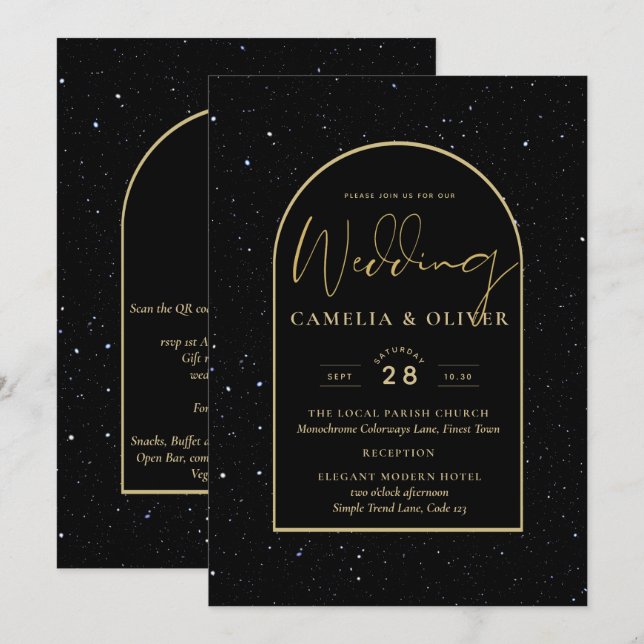 Mystique BLACK GULD Starry Night Bröllop Inbjudningar (Fram/baksida)