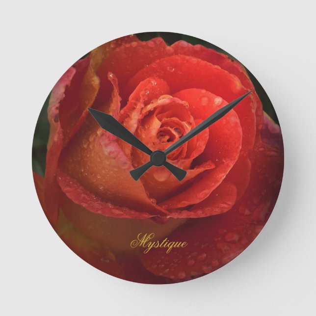 Mystique Dark Botanical Red Orange Rose Clock Rund Klocka (Framsida)