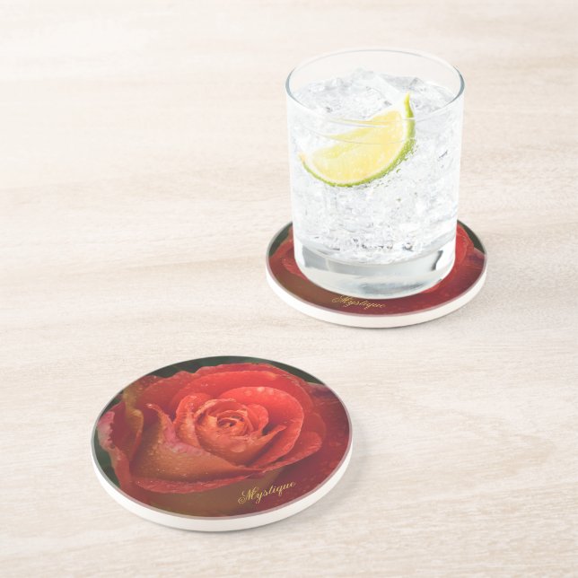 Mystique Dark Botanical Red Orange Rose Coaster Underlägg (Sidan)