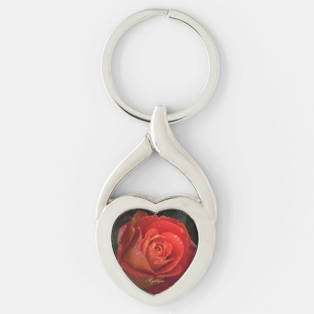 Mystique Dark Botanical Red Orange Rose Keyring Twisted Heart Silverfärgad Nyckelring (Framsidan)
