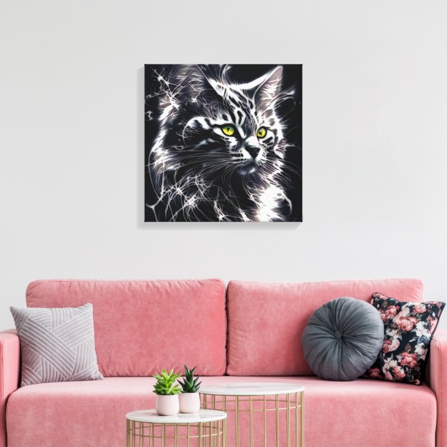 Mystique in Black and Silver - Mystical Cat Canvastryck (Insitu (Vardagsrum))