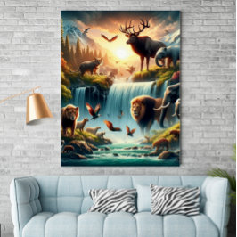 Mystique Land Wildlife Waterfall Fantasy Poster