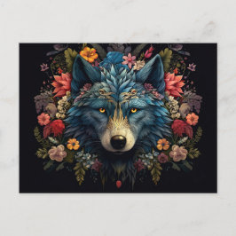 Mystischer Wolf umringt von Blumen Vykort