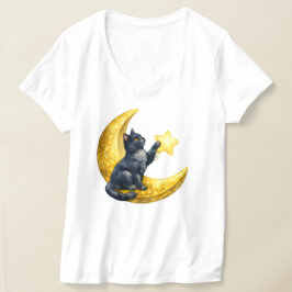 Mystisk akvarell svart katt på gyllene halvmåne t shirt