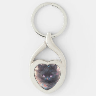 Mystisk Akvarell Svart Katt Söt Katt Twisted Heart Silverfärgad Nyckelring