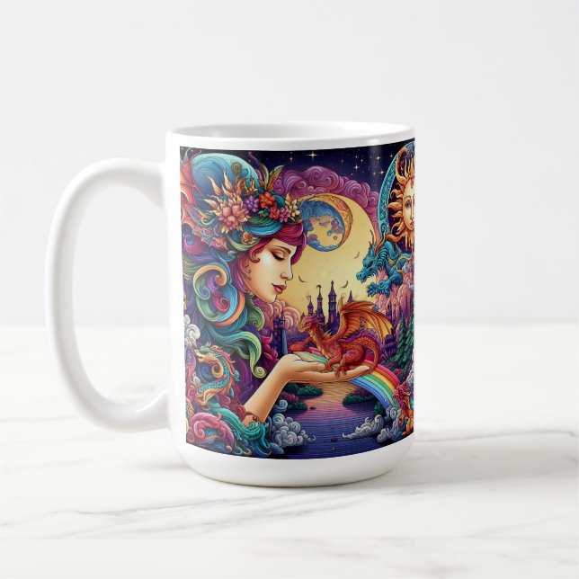 Mystisk alvisk & bebis drakfantasivärld kaffemugg (Vänster)