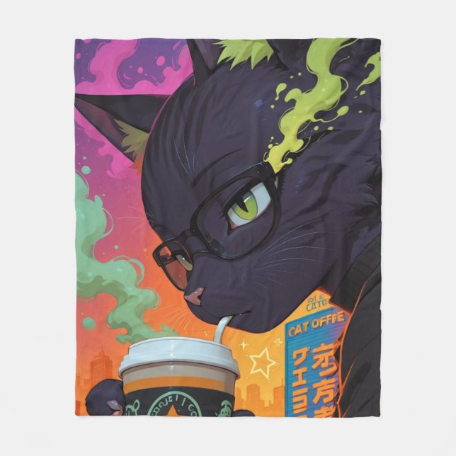 Mystisk Anime Svart Katt Fleecefilt (Framsidan)