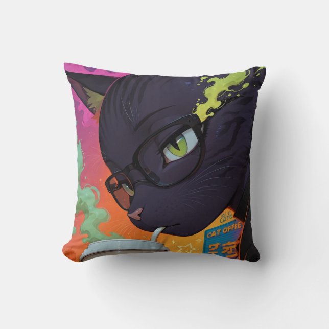 Mystisk Anime Svart Katt Kudde (Framsida)
