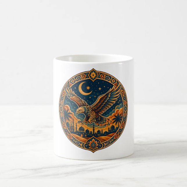 Mystisk arabisk uggla halvmåne ökenkonst kaffemugg (Center)