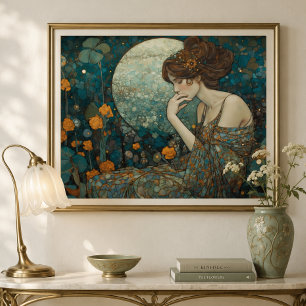 Mystisk Art Nouveau-dam i bärnsten och teal Fototryck