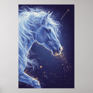 Mystisk blå enhörning i stjärnig natthimmel poster