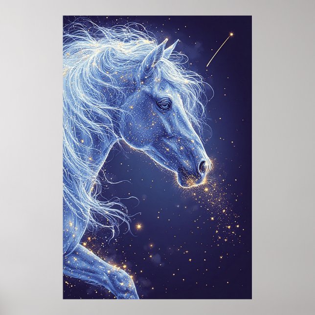 Mystisk blå enhörning i stjärnig natthimmel poster (Framsidan)