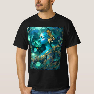 Mystisk Blå Gudinna Fantasy Art T-Shirt | Eterisk