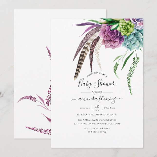 Mystisk Boho Akvarell Succulenter Baby Shower Inbjudningar (Fram/baksida)