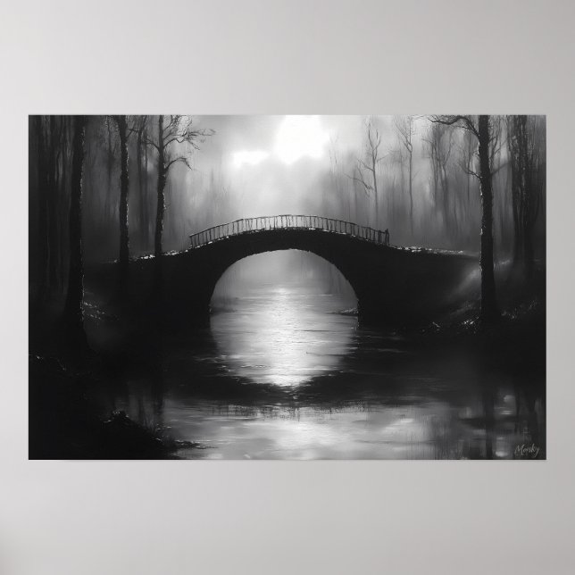 Mystisk bro över lugna vatten – Monokrom  Poster (Framsidan)