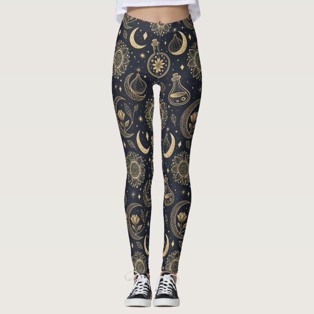 Mystisk Celestial Häxkonst - Guld Botanisk (2) Leggings (Framsida)