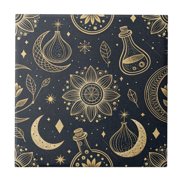Mystisk Celestial Häxkonst - Guld Botanisk Kakelplatta (Framsidan)