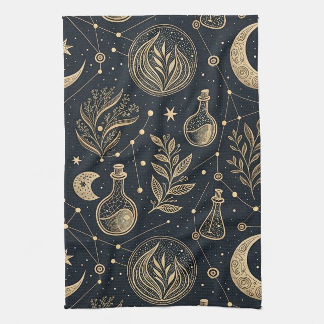 Mystisk Celestial Häxkonst - Guld Botanisk Kökshandduk (Vertikal)