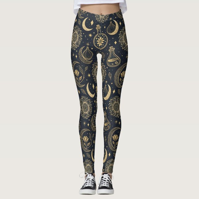 Mystisk Celestial Häxkonst - Guld Botanisk Leggings (Framsida)