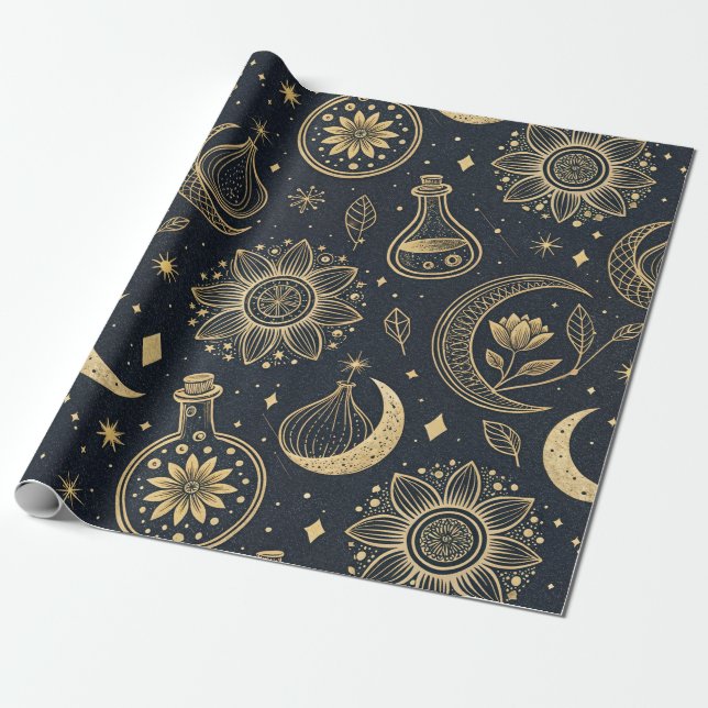 Mystisk Celestial Häxkonst - Guld Botanisk Presentpapper (Utrullad)