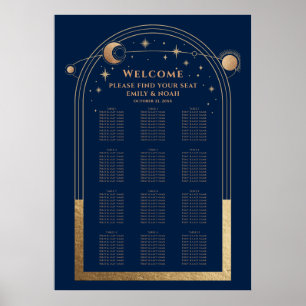 Mystisk Chic Blue Guld Sol Måne Stars Bröllop Poster