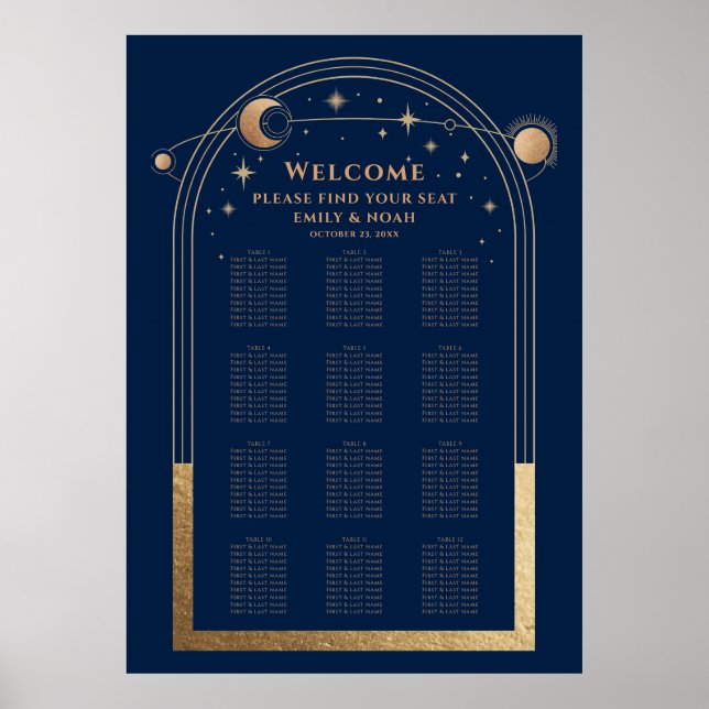 Mystisk Chic Blue Guld Sol Måne Stars Bröllop Poster (Framsidan)