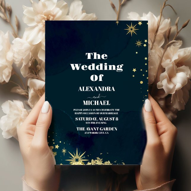 Mystisk Chic Blue Guld Star Måne Bröllop Inbjudningar (Skapare uppladdad)